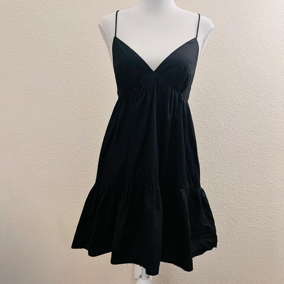 Zara Black Poplin Ruffle Tiered Tie Back Cut Out Cami Mini Babydoll Dress - Picture 4 of 12
